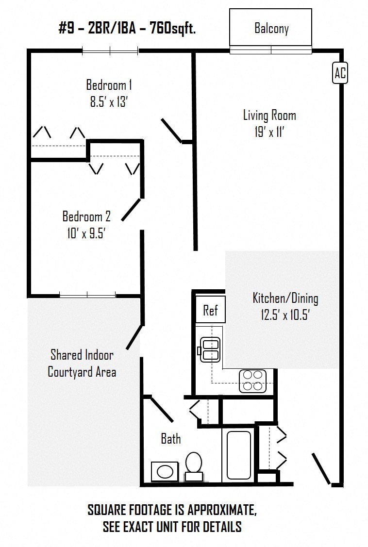 Floor plan for 2 beds, 1 bath, 760 sqft